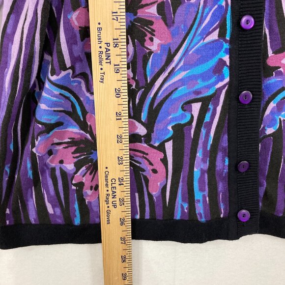 Bob Mackie Large Purple Blue Floral Artsy 3/4 Sleeve Button Cardigan Preppy - Picture 5 of 9